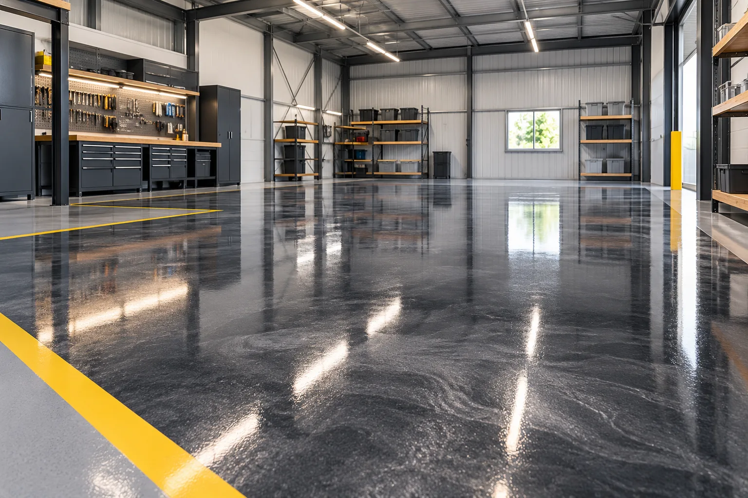 Glossy metallic epoxy floor coating in a commercial workshop, epoxy flooring Adelaide