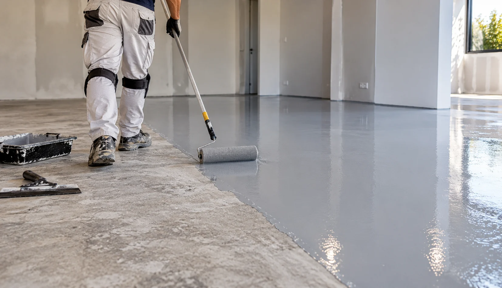 Apex Painters applying epoxy flooring to a prepared concrete floor in Adelaide